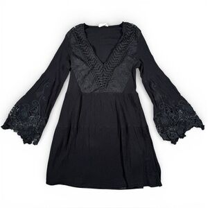 Altar'd State Black Lace Crochet Boho Mini Dress Lined Size Small Bell Sleeves